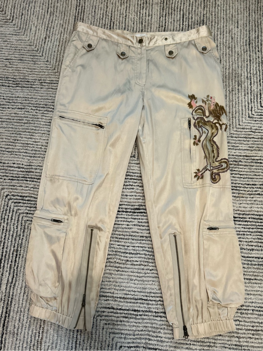 Y2K Dragon Beaded Cargo Pants Satin Utility Zip Pocket Parachute Pants Size 8